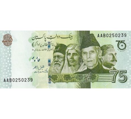 75 rupees 2022 Pakistan pamätná bankovka