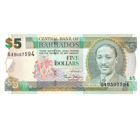 5 dollar 2007-12 Barbados veľké pruhované číslo