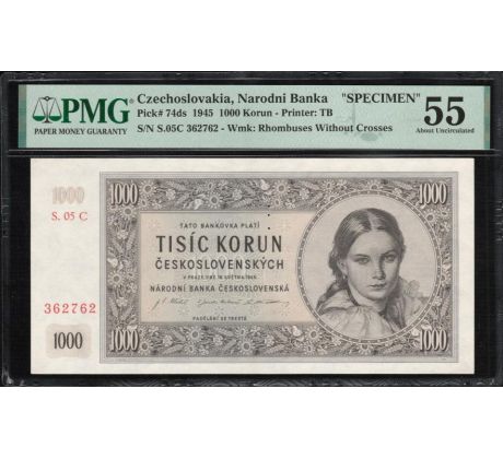 1 000 kčs 1945 perforácia 3md PMG obal
