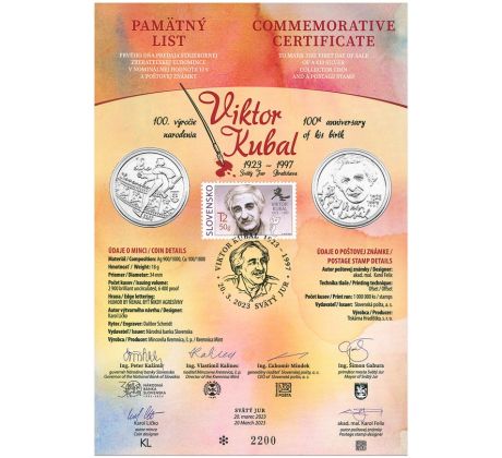 Pamätný list 10 € 2023 Viktor Kubal