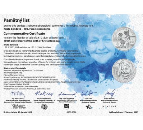 Pamätný list 10€ 2023 Krista Bendová