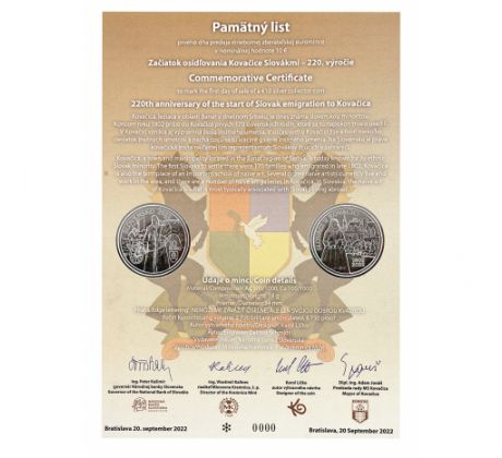 Pamätný list 10€ 2022 Začiatok osídľovania Kovačice Slovákmi