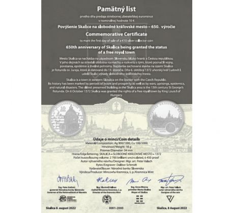 Pamätný list 10€ 2022 - Povýšenie Skalice na slobodné kráľovské mesto