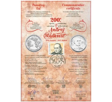 Pamätný list 10€ 2020 Andrej Sládkovič