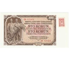100 kčs 1953 CB neperforovaná s nalepeným kolkom