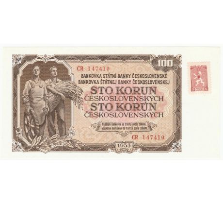 100 kčs 1953 CB neperforovaná s nalepeným kolkom