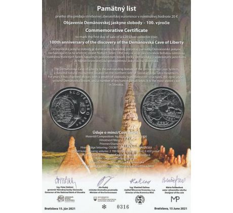 PROOF 20 € 2021 Objavenie Demänovskej jaskyne slobody + pammätný list PROOF