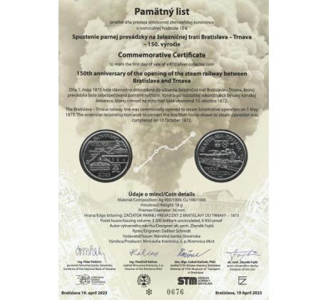 10€ 2023 Spustenie parnej prevádzky Bratislava-Trnava+pamätný list PROOF