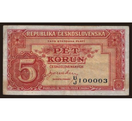 5 kčs 1945 UJ neperforovaná zaujímavé číslo