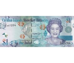 Bankovka 1 dolár Cayman Islands 2010–2018 – portrét Alžbety II., tropický motív, modro-fialový dizajn