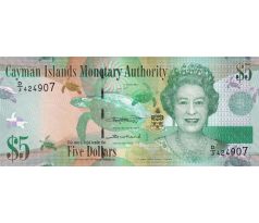 Bankovka 5 dolárov Cayman Islands 2010–2018 – portrét Alžbety II., morská korytnačka, tyrkysovo-fialový dizajn