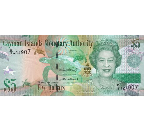 Bankovka 5 dolárov Cayman Islands 2010–2018 – portrét Alžbety II., morská korytnačka, tyrkysovo-fialový dizajn