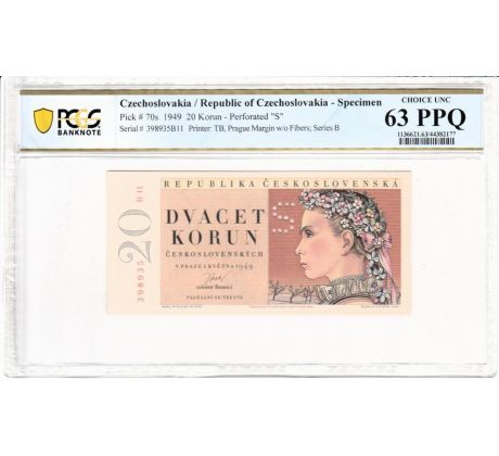 20 kčs 1949 B11 perforácia "S" obal PCGS