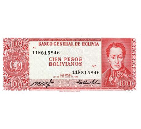 100 pesos bolivianos 1962/1982 Bolívia čierna séria