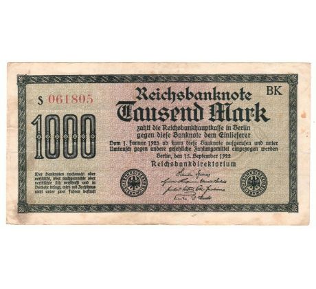 1 000 reichsbankovka 1922 Nemecko /02/