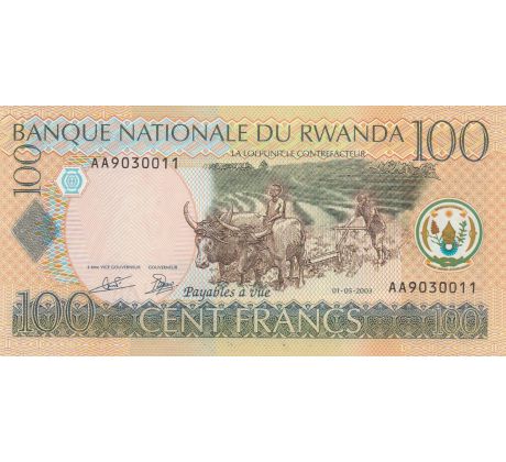 100 francs 2003 Rwanda text  len vo francúzštine