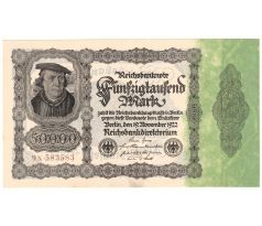50 000 reichsbankovka 1922 Nemecko bez podtlače orla