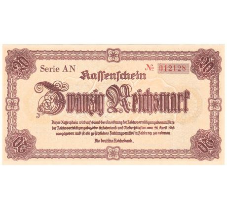 20 rísškych mariek 1945 Nemecko Okupačná mena pre Sudety a Dolné Sliezsko